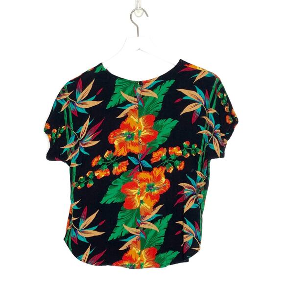 VINTAGE 80s {Sharon Anthony} Tropical Print Gauze Short Sleeve Blouse Top Medium - Picture 5 of 9